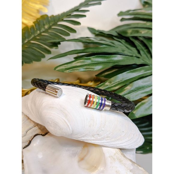 🍑Gay Pride Rainbow LGBTQ Braided Black Leather Magnetic Closure Bracelet - Picture 6 of 9